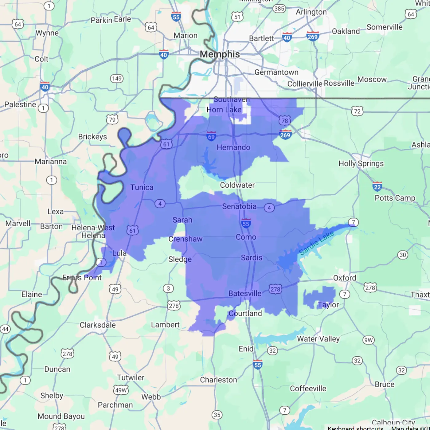 Service area of Aquaworks: Hernando MS and surrounding areas of N Mississippi